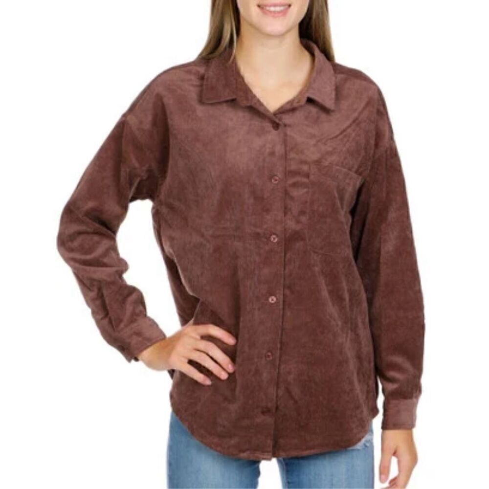 No Comment Ribbed Button Up Long Sleeves Top Brown Juniors medium